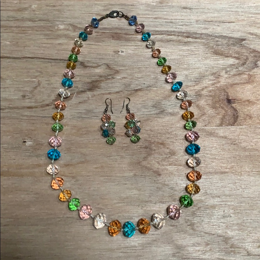 Glass Beaded Necklace And Earrings Set Rainbow